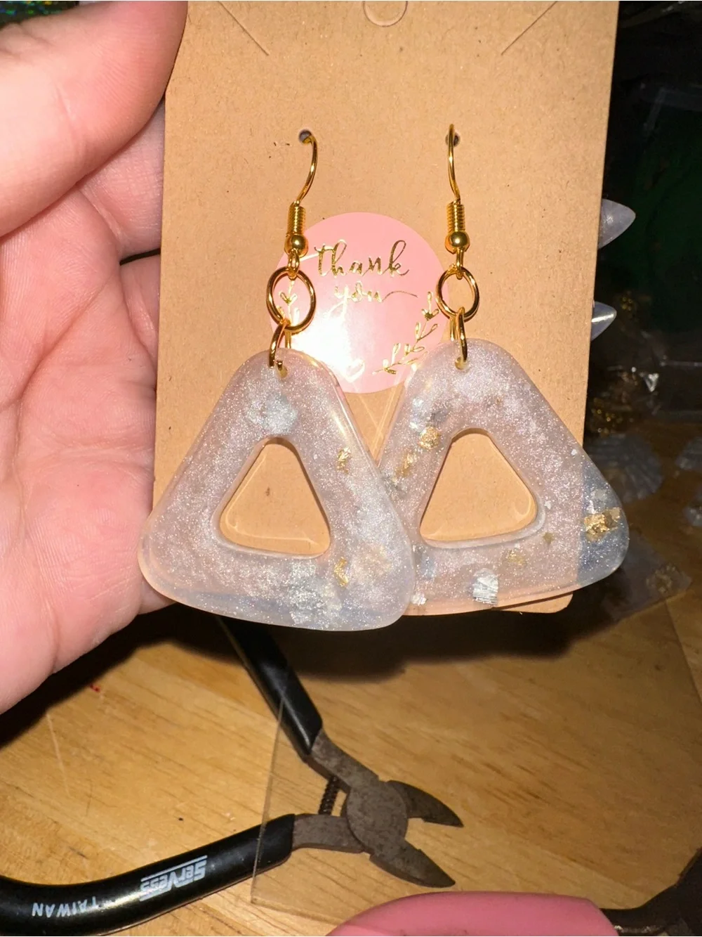 Handmade Sparkle Triangle Dangle Earrings - Gold Hardware - Unbranded